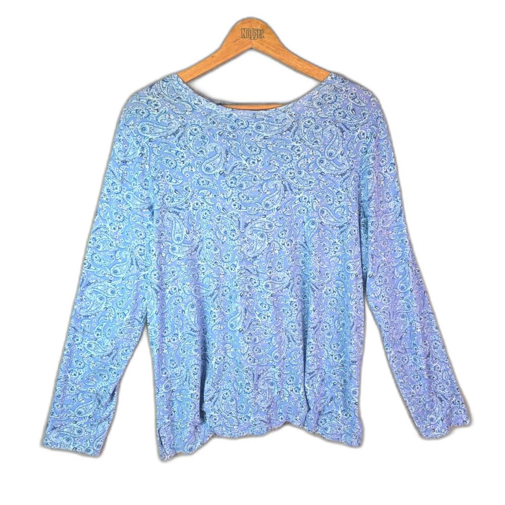 J Jill Boatneck Top Blue White Paisley Bandana Print Pima Cotton XL